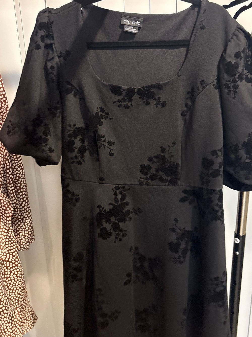 City Chic Black Flocked Floral Midi Dress